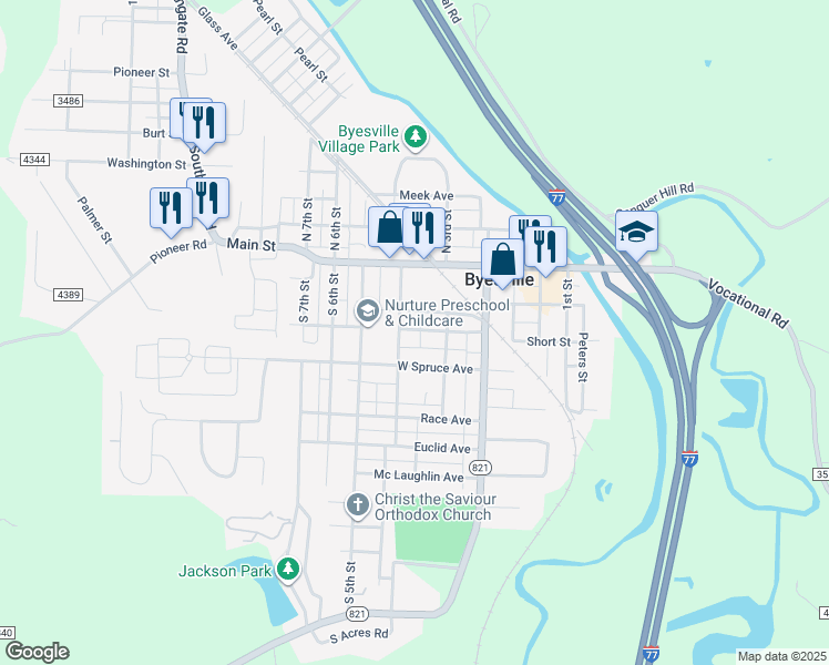map of restaurants, bars, coffee shops, grocery stores, and more near 230 West Spruce Avenue in Byesville