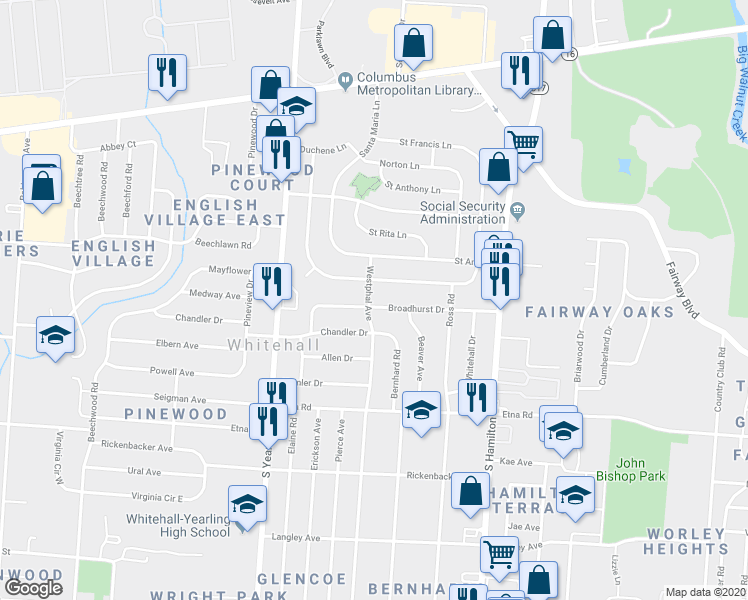 map of restaurants, bars, coffee shops, grocery stores, and more near 374 Westphal Avenue in Columbus