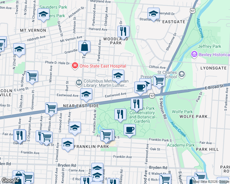 map of restaurants, bars, coffee shops, grocery stores, and more near 1640 East Broad Street in Columbus