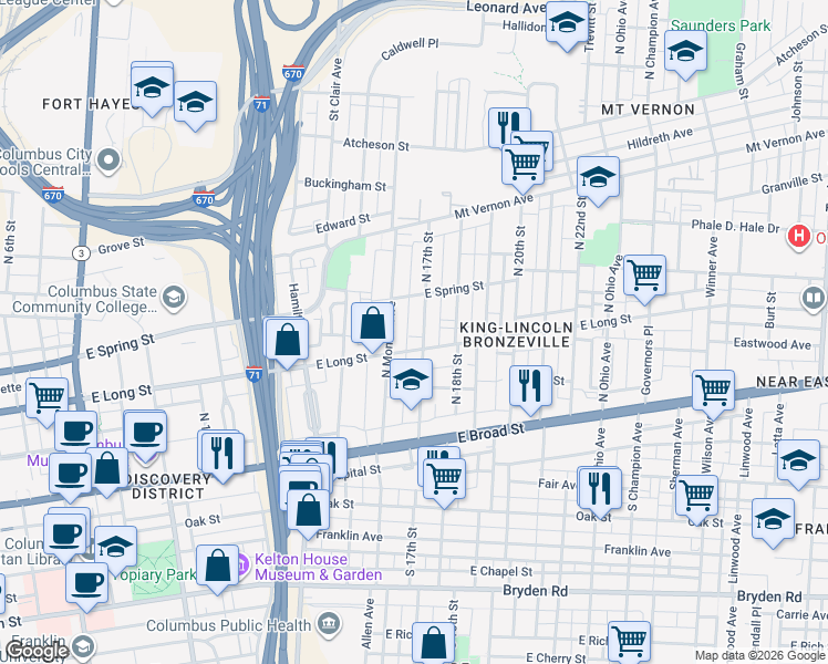 map of restaurants, bars, coffee shops, grocery stores, and more near 905 East Long Street in Columbus