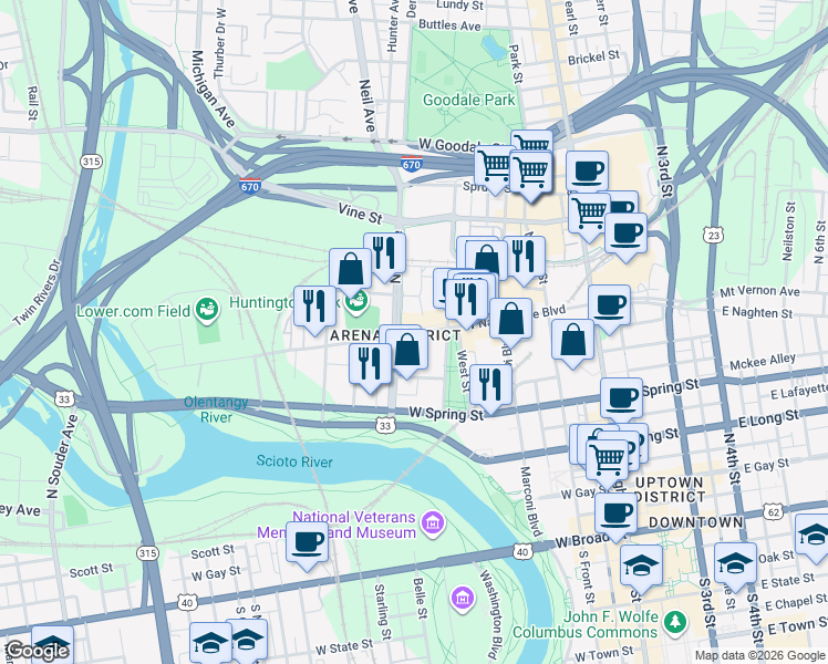 map of restaurants, bars, coffee shops, grocery stores, and more near 295 John H McConnell Boulevard in Columbus
