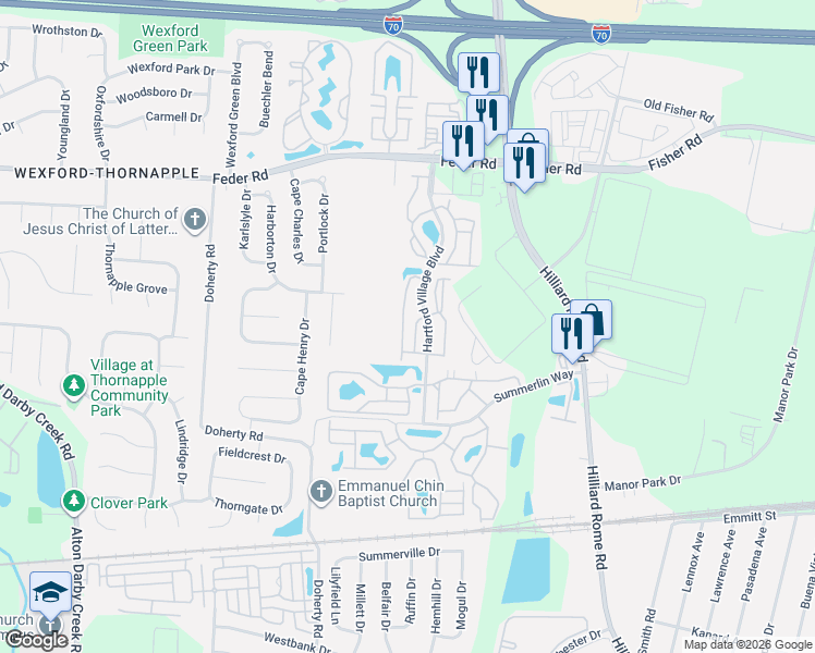 map of restaurants, bars, coffee shops, grocery stores, and more near 5547 Valley Ridge in Columbus