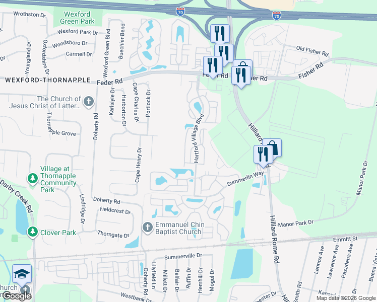map of restaurants, bars, coffee shops, grocery stores, and more near 833 Misty Hollow Lane in Columbus
