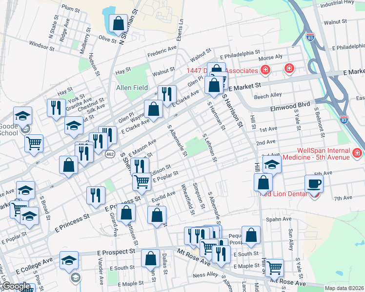 map of restaurants, bars, coffee shops, grocery stores, and more near 991 Edison Street in York