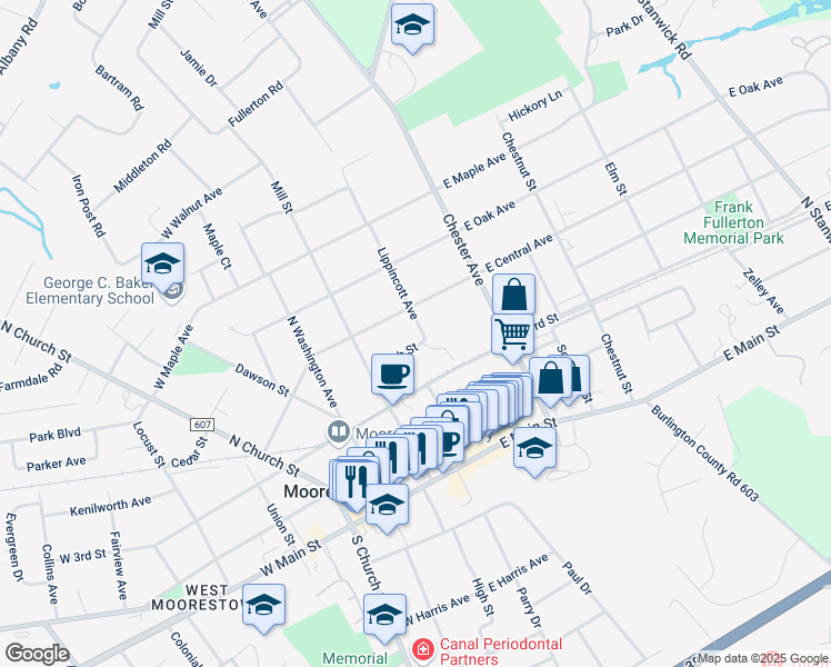 map of restaurants, bars, coffee shops, grocery stores, and more near 100 Lippincott Avenue in Moorestown