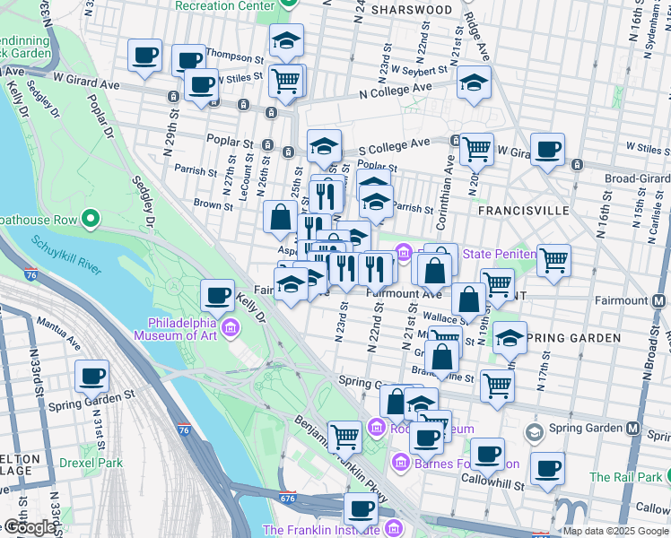map of restaurants, bars, coffee shops, grocery stores, and more near 2323 Perot Street in Philadelphia