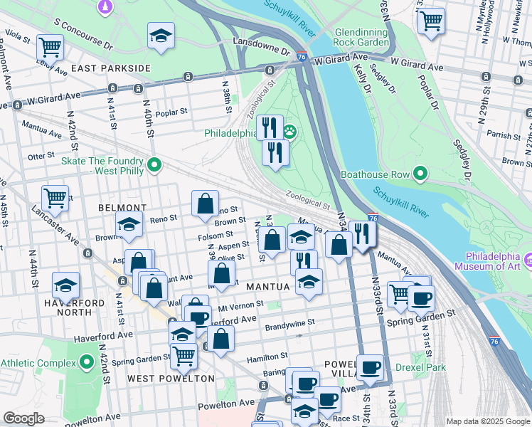 map of restaurants, bars, coffee shops, grocery stores, and more near 3711 Brown Street in Philadelphia