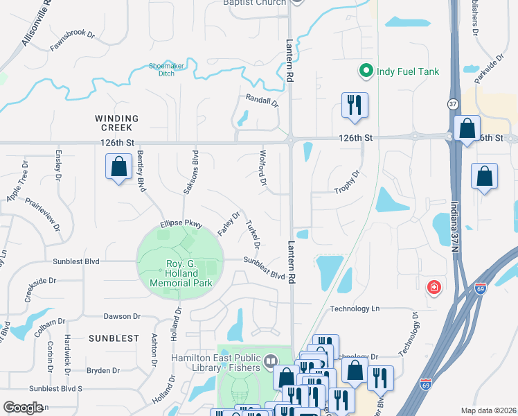 map of restaurants, bars, coffee shops, grocery stores, and more near 12469 Turkel Drive in Fishers