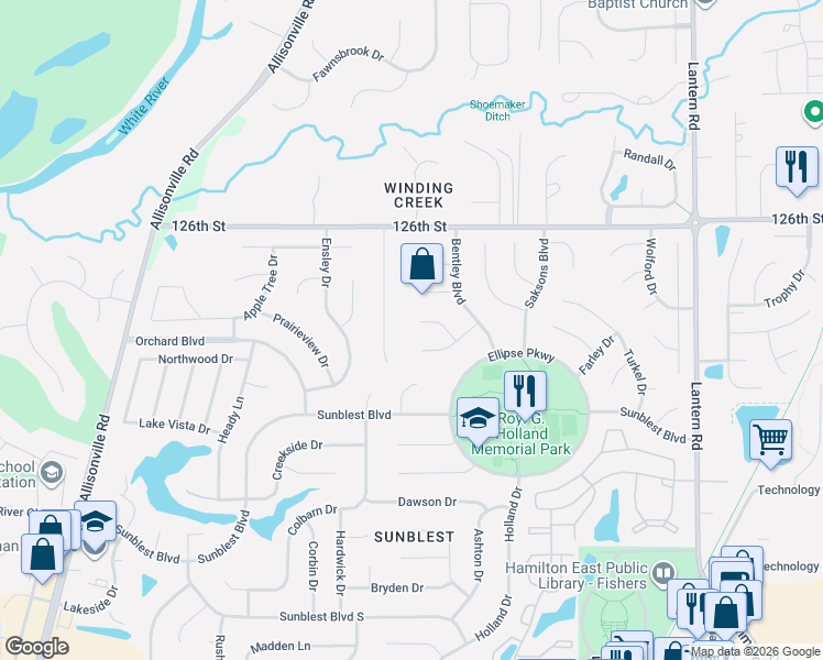 map of restaurants, bars, coffee shops, grocery stores, and more near 7749 Carly Place in Fishers