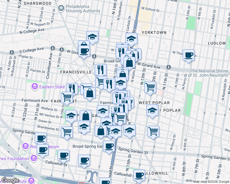 map of restaurants, bars, coffee shops, grocery stores, and more near in Philadelphia