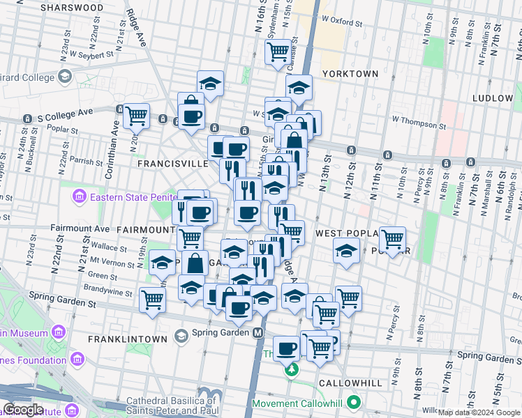 map of restaurants, bars, coffee shops, grocery stores, and more near 1422 Ridge Avenue in Philadelphia
