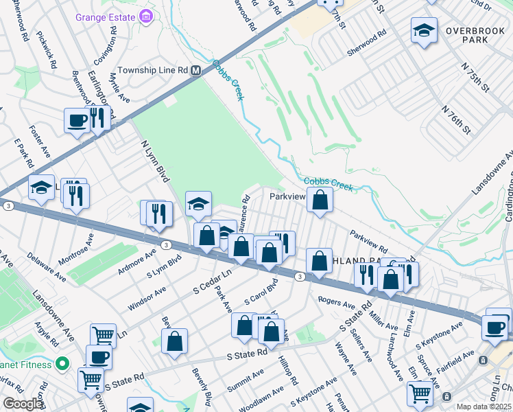 map of restaurants, bars, coffee shops, grocery stores, and more near 208 North Cedar Lane in Delaware County