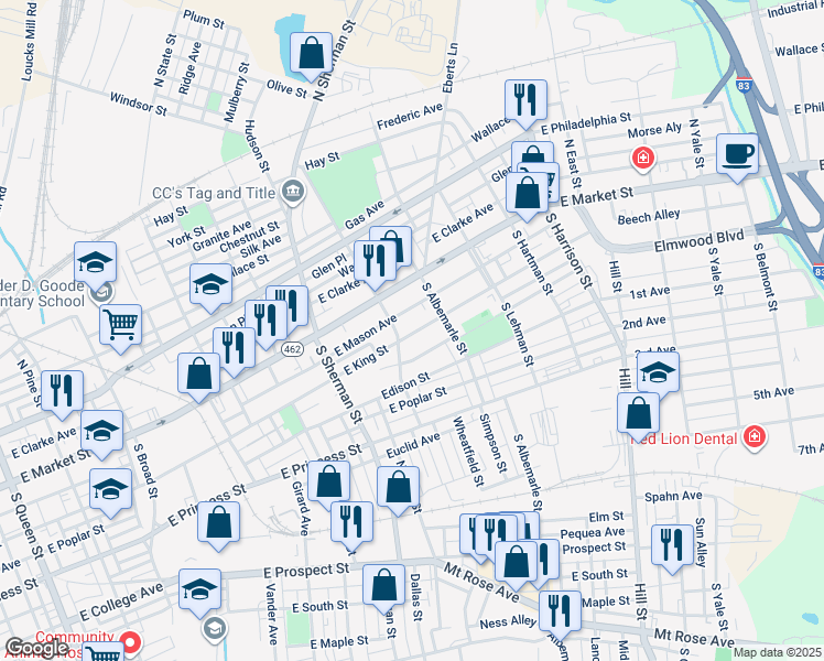 map of restaurants, bars, coffee shops, grocery stores, and more near 943 East King Street in York