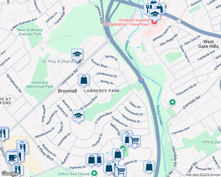 map of restaurants, bars, coffee shops, grocery stores, and more near 224 North Central Boulevard in Broomall