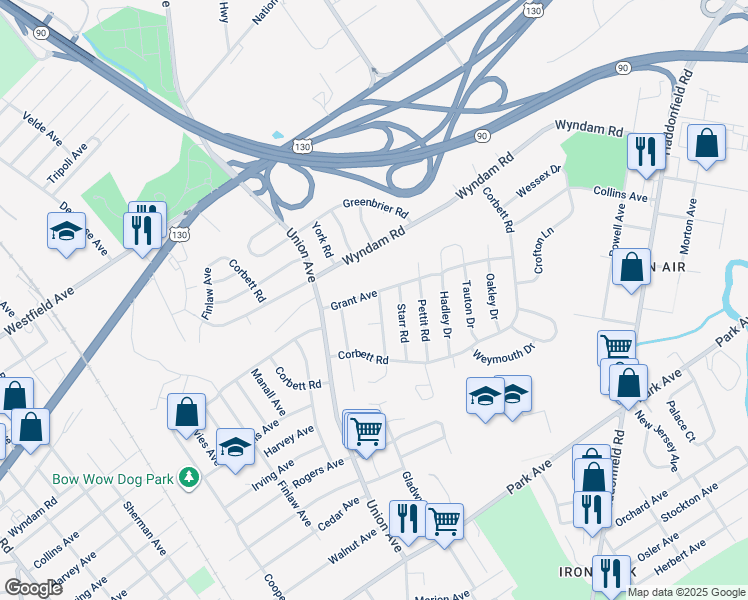 map of restaurants, bars, coffee shops, grocery stores, and more near 2543 Burning Tree Road in Pennsauken