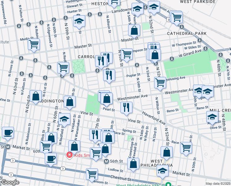 map of restaurants, bars, coffee shops, grocery stores, and more near 530 North Allison Street in Philadelphia