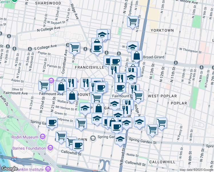 map of restaurants, bars, coffee shops, grocery stores, and more near 1620 Brown Street in Philadelphia