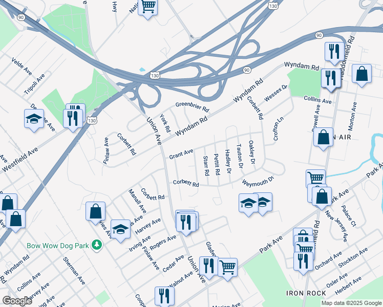 map of restaurants, bars, coffee shops, grocery stores, and more near 2543 Burning Tree Road in Pennsauken