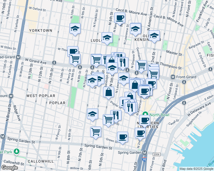 map of restaurants, bars, coffee shops, grocery stores, and more near 941 North 5th Street in Philadelphia