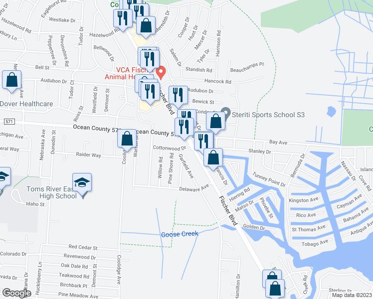 map of restaurants, bars, coffee shops, grocery stores, and more near 2133 Cottonwood Drive in Toms River