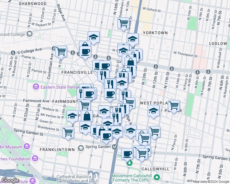 map of restaurants, bars, coffee shops, grocery stores, and more near in Philadelphia