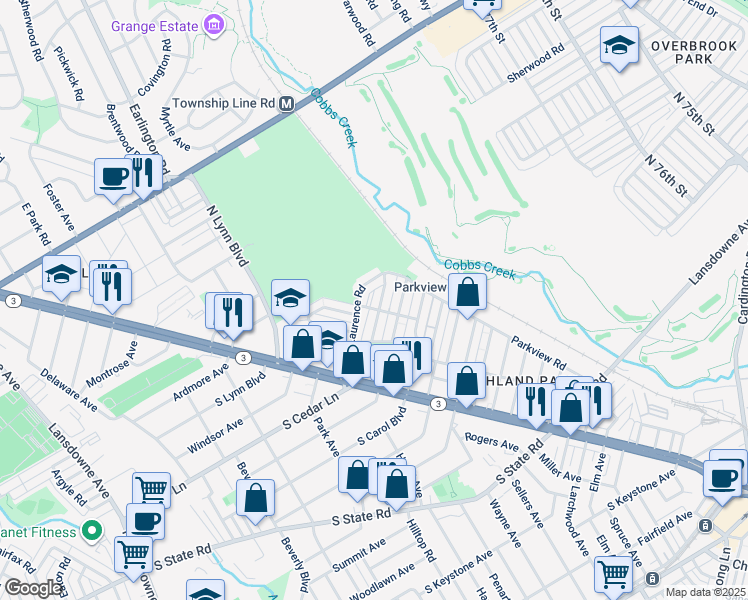 map of restaurants, bars, coffee shops, grocery stores, and more near 208 North Cedar Lane in Delaware County