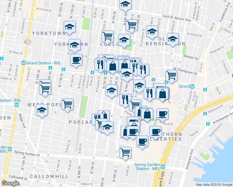 map of restaurants, bars, coffee shops, grocery stores, and more near 941 North 6th Street in Philadelphia