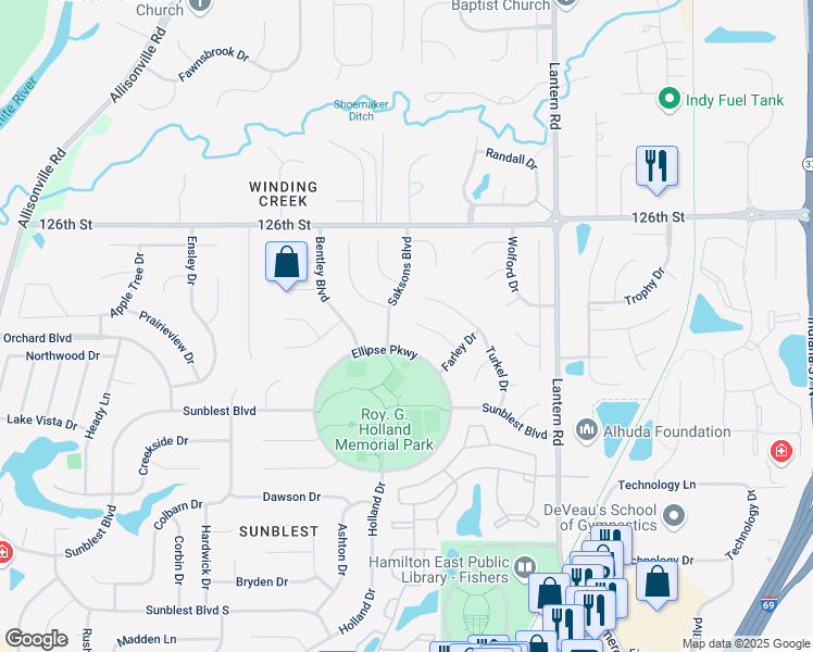 map of restaurants, bars, coffee shops, grocery stores, and more near 12461 Saksons Boulevard in Fishers