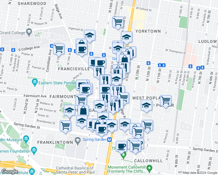 map of restaurants, bars, coffee shops, grocery stores, and more near 1441 Brown Street in Philadelphia