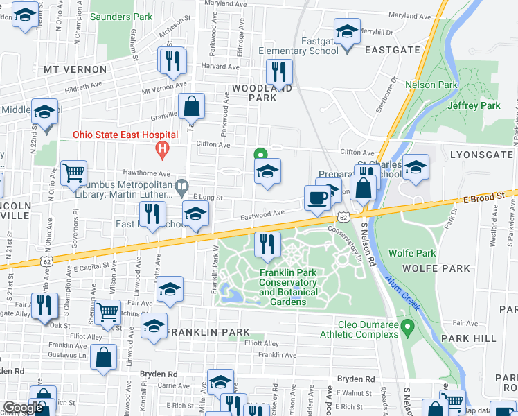map of restaurants, bars, coffee shops, grocery stores, and more near 44 Woodland Avenue in Columbus