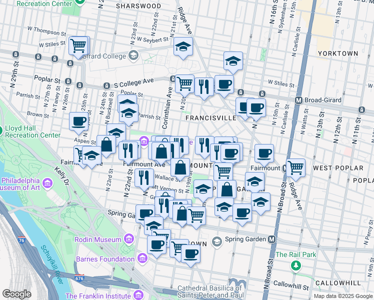 map of restaurants, bars, coffee shops, grocery stores, and more near 741 North Uber Street in Philadelphia