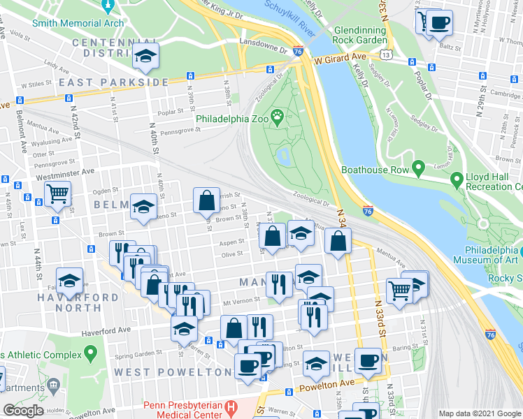 map of restaurants, bars, coffee shops, grocery stores, and more near 3711 Brown Street in Philadelphia