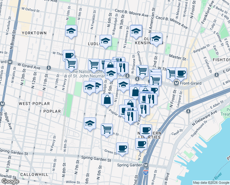 map of restaurants, bars, coffee shops, grocery stores, and more near 980 North Lawrence Street in Philadelphia