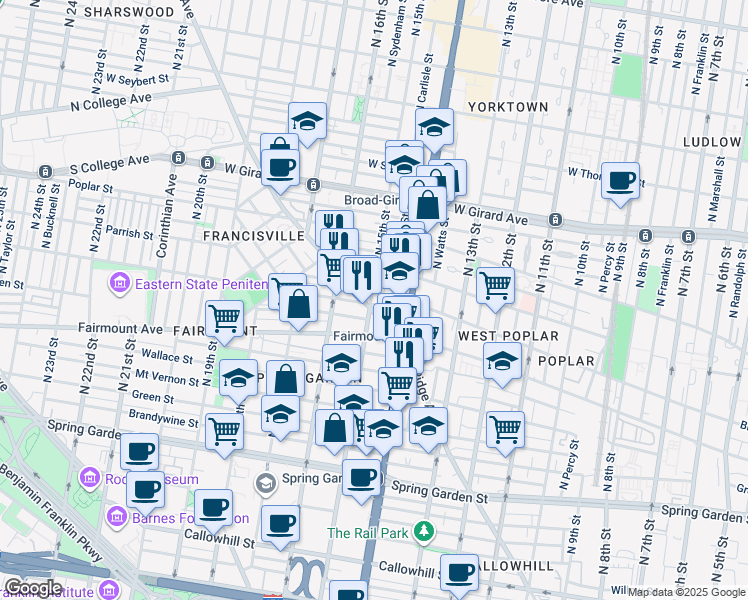map of restaurants, bars, coffee shops, grocery stores, and more near 1441 Brown Street in Philadelphia