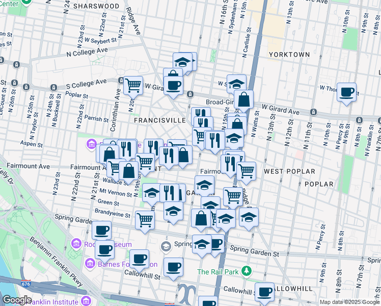map of restaurants, bars, coffee shops, grocery stores, and more near 1622 Brown Street in Philadelphia