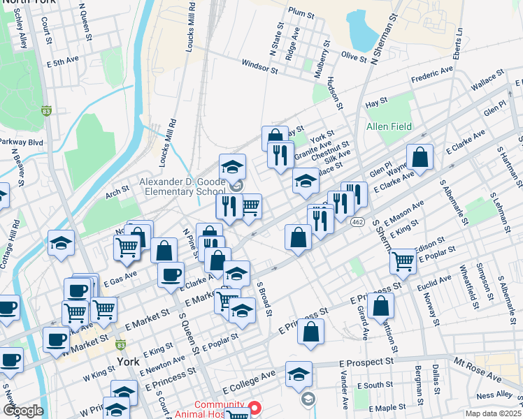 map of restaurants, bars, coffee shops, grocery stores, and more near 453 Walnut Street in York