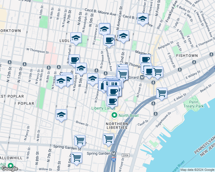 map of restaurants, bars, coffee shops, grocery stores, and more near 1114 North Bodine Street in Philadelphia
