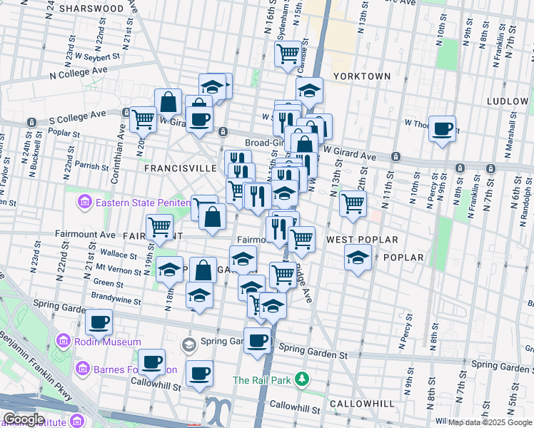 map of restaurants, bars, coffee shops, grocery stores, and more near 1439 Brown Street in Philadelphia