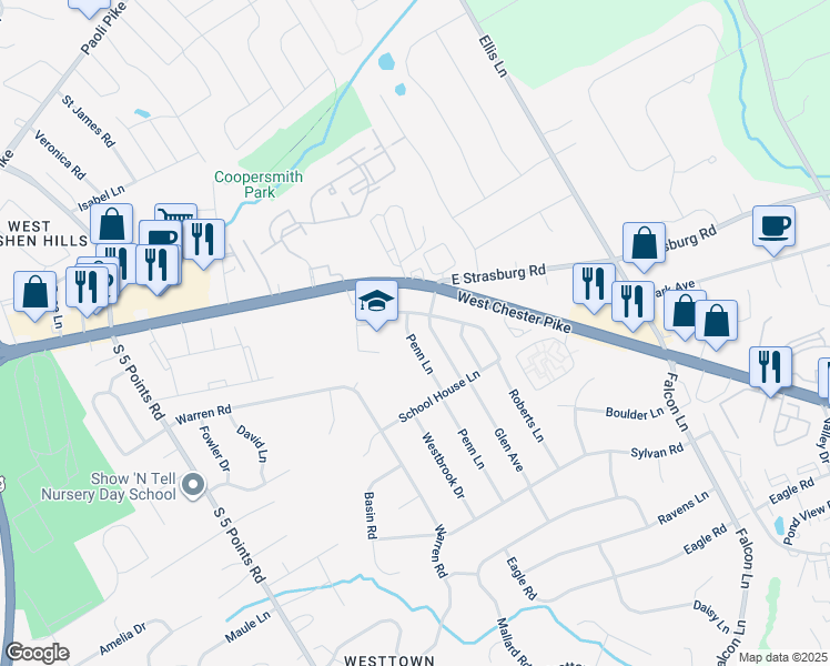 map of restaurants, bars, coffee shops, grocery stores, and more near 107 Penn Lane in West Chester