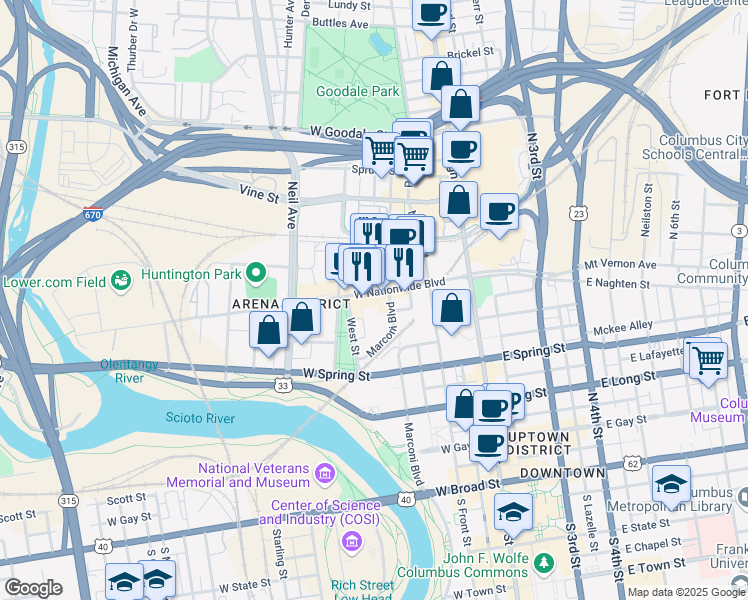 map of restaurants, bars, coffee shops, grocery stores, and more near 200 West Nationwide Boulevard in Columbus
