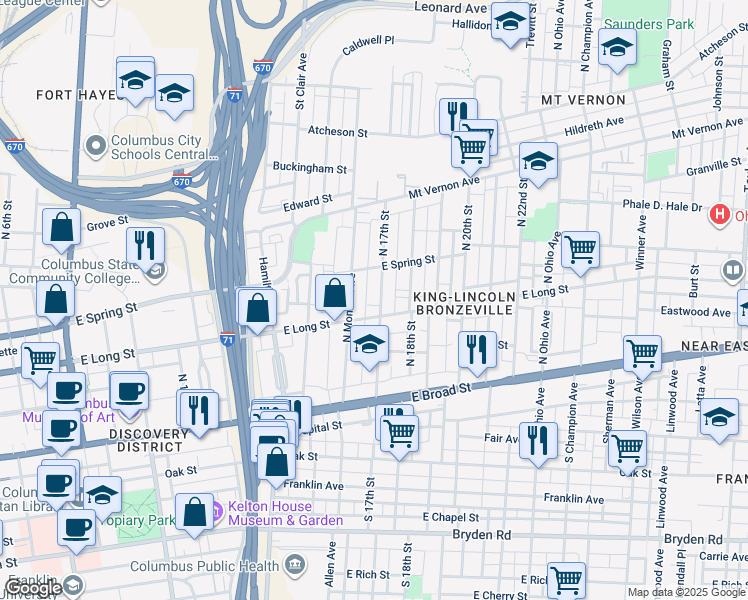 map of restaurants, bars, coffee shops, grocery stores, and more near 155 North 17th Street in Columbus