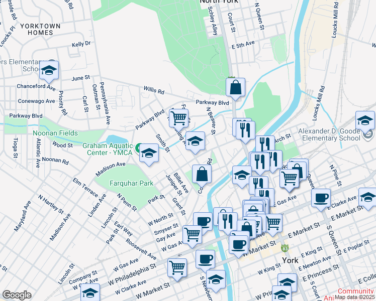 map of restaurants, bars, coffee shops, grocery stores, and more near 524 North Pershing Avenue in York