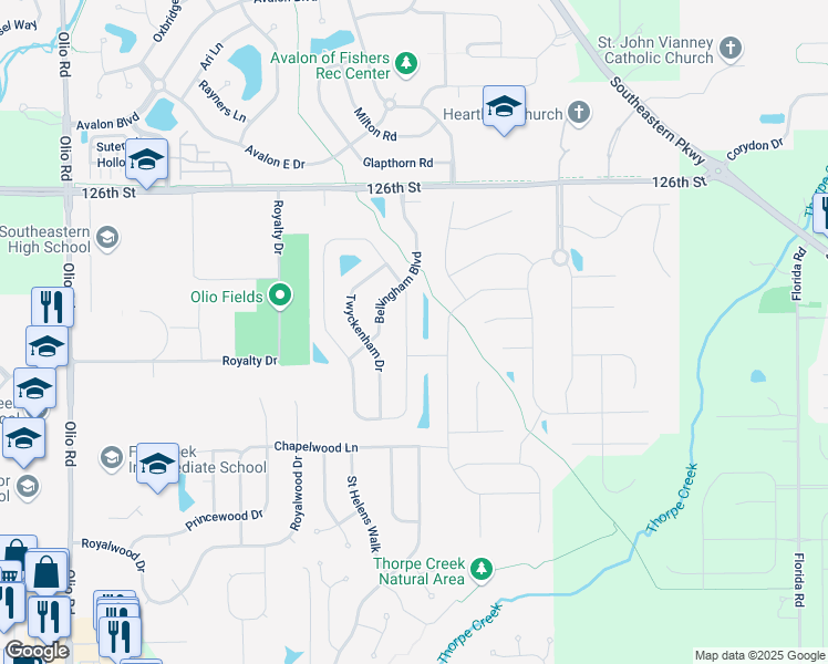 map of restaurants, bars, coffee shops, grocery stores, and more near 12359 Eddington Place in Fishers
