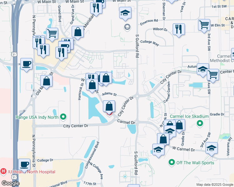 map of restaurants, bars, coffee shops, grocery stores, and more near 710 Adams St in Carmel