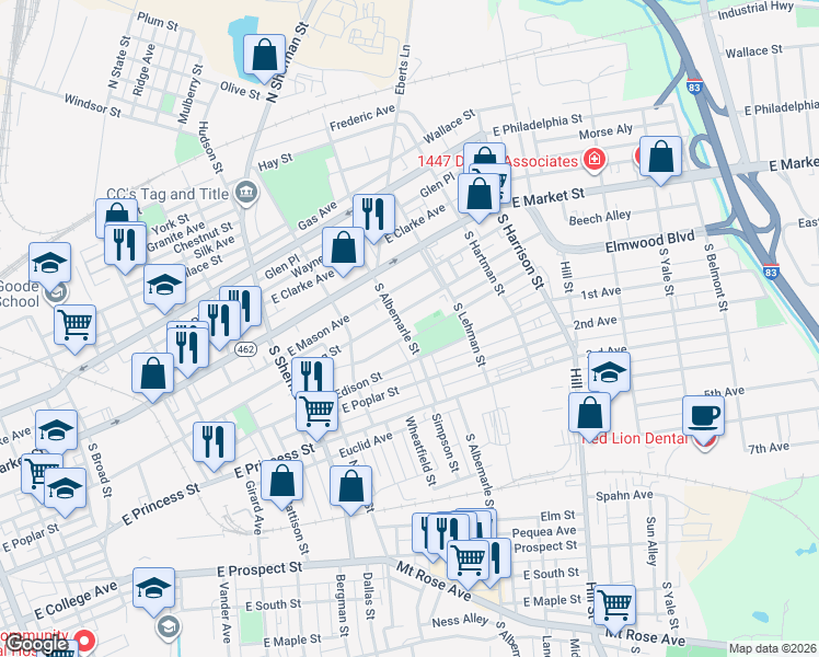 map of restaurants, bars, coffee shops, grocery stores, and more near 1005 East King Street in York