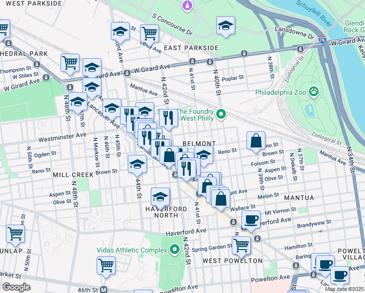map of restaurants, bars, coffee shops, grocery stores, and more near 4127 Parrish Street in Philadelphia