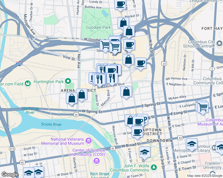 map of restaurants, bars, coffee shops, grocery stores, and more near 200 West Nationwide Boulevard in Columbus