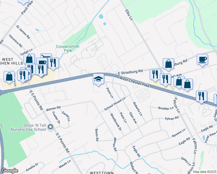 map of restaurants, bars, coffee shops, grocery stores, and more near 107 Penn Lane in West Chester