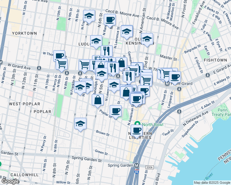 map of restaurants, bars, coffee shops, grocery stores, and more near 1101 North 4th Street in Philadelphia
