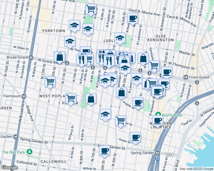 map of restaurants, bars, coffee shops, grocery stores, and more near 936 North Marshall Street in Philadelphia